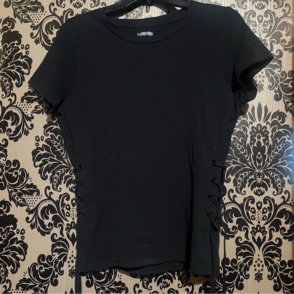 Black Corset side tie Lace Up Tee size small